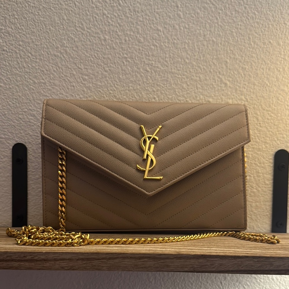 Yves Saint Laurent Tan Gold Clutch with Chevron Quilting
